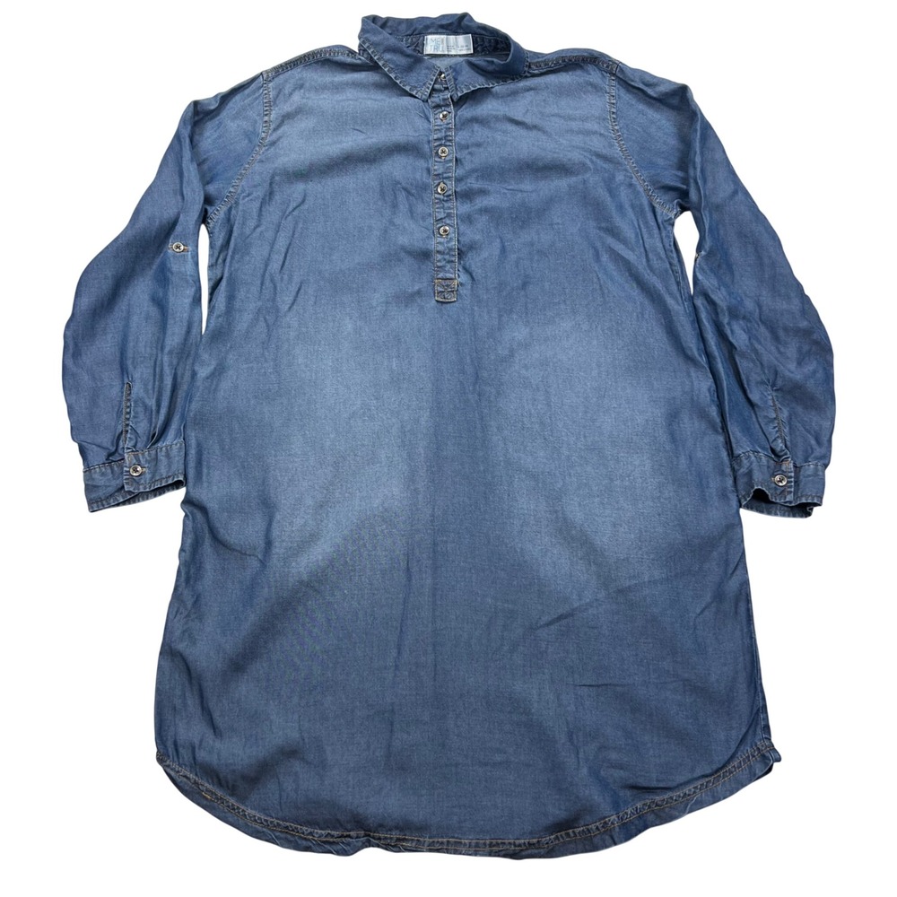 Time and Tru Tunic Dress Womens L 12-14 Blue Lyocell Denim Look Roll Tab Sleeve